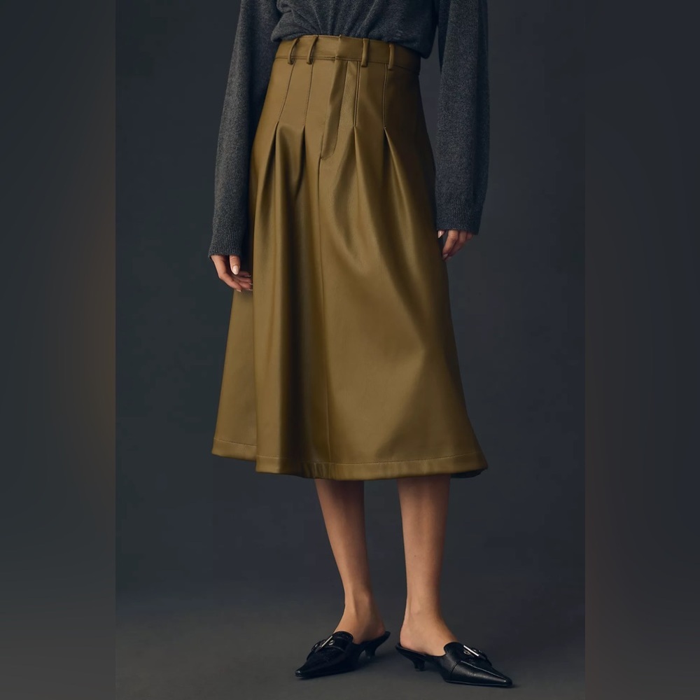 By Anthropologie Faux Leather Trouser Midi Skirt in Olive Green